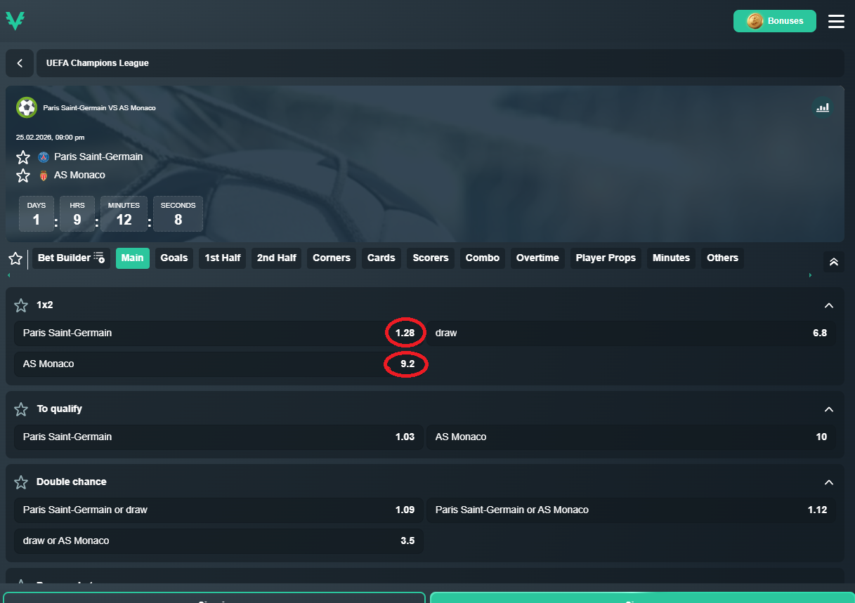 PSG VS Monaco koeficientët në Vave 25.02.2026