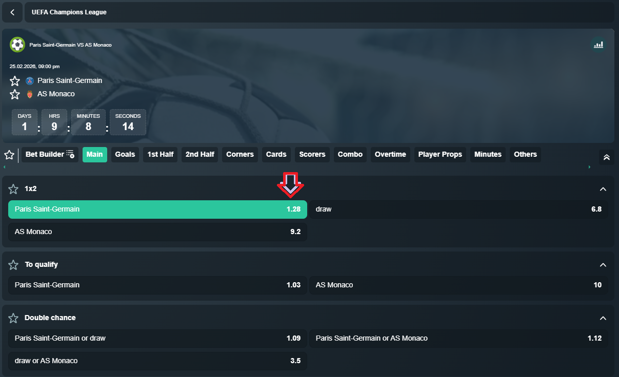 PSG VS Monaco koeficientët në Vave 25.02.2026