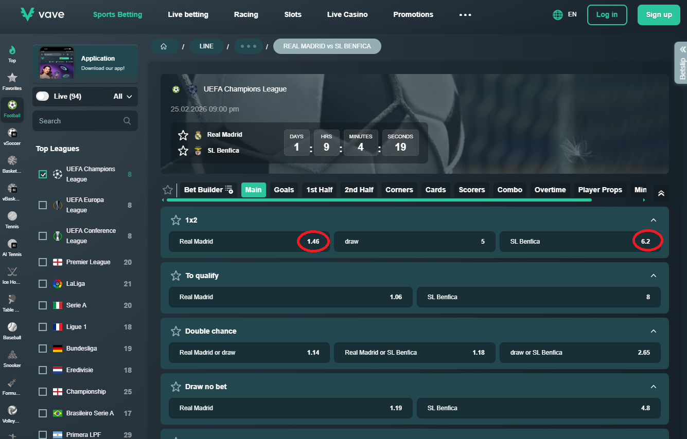 Real Madrid VS Benfica koeficientët në Vave 25.02.2026