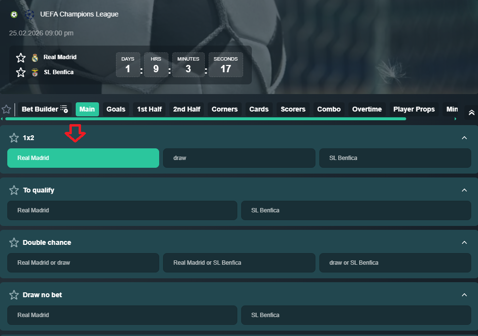 Real Madrid VS Benfica koeficientët në Vave 25.02.2026