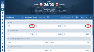 Polonia VS Shqipëria koeficientët në 1xbet 26.03.2026