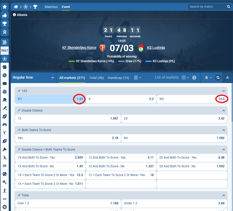 KF Skënderbeu VS KS Lushnja koeficientët në 1xbet 07.03.2026