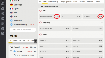 Nottingham VS FC Porto koeficientët në FEZbet 16.04.2026