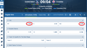 Crystal Palace VS Fiorentina koeficientët në 1xbet 09.04.2026