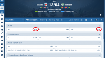 Prishtina VS Dukagjini koeficientët në 1xbet 13.04.2026