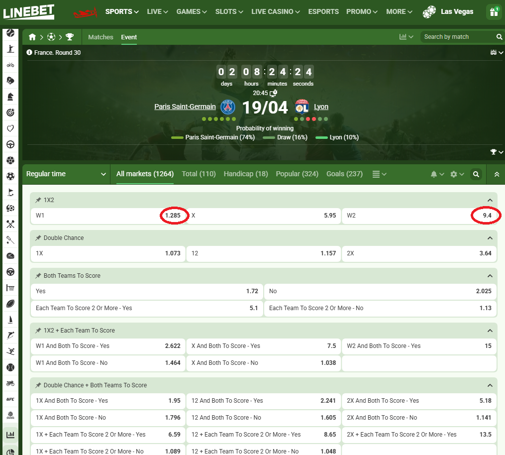 PSG VS Lyon koeficientët në Linebet 19.04.2026