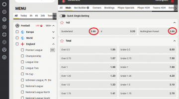 Sunderland VS Nottingham koeficientët në FEZbet 24.04.2026