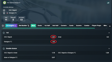 Napoli VS Bologna koeficientët në Vave 11.05.2026